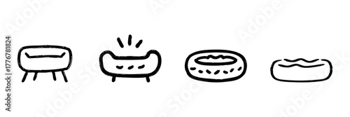 Pet Bed Line Icon Set In Doodle Style. Cozy And Comfortable Pet Sleeping Solutions Outline Sketch Collection. Ideal For Pet Care And Animal Comfort. Hand Drawn Isolated Vector Illustration