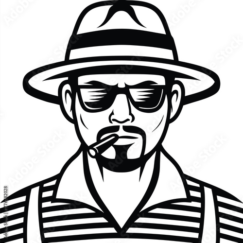Stylish man in hat and sunglasses confidently smokes a cigar in black and white