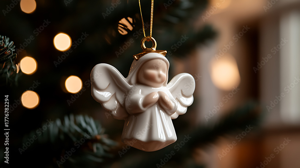 Fototapeta premium A serene porcelain angel ornament graces a festive tree, its gentle presence radiating peace. Glowing lights cast a warm ambiance, evoking the spirit of the holidays.