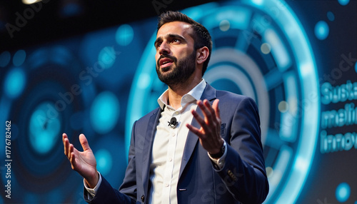 Business presentation showcasing professional presenter in dark suit gesturing on stage before digital screen. Business presentation and confident speaker giving speech.