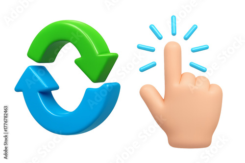 3d illustration of hand clicking on refresh icon isolated on transparent background, 3d rendering
