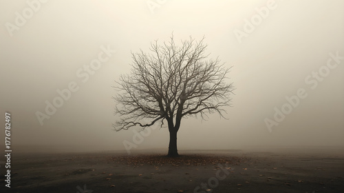 Leafless Tree in Foggy Landscape with Fallen Autumn Leaves