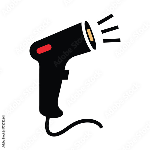 The black icon displays a handheld scanner emitting light, isolated on white