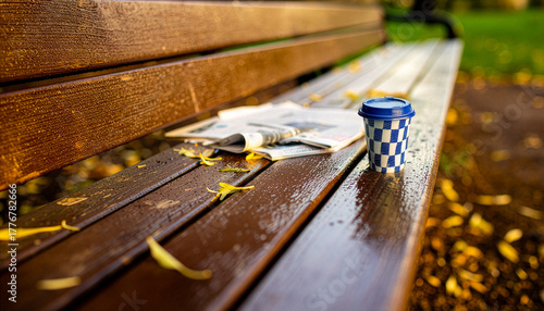 Blue coffee cup on a park bench
