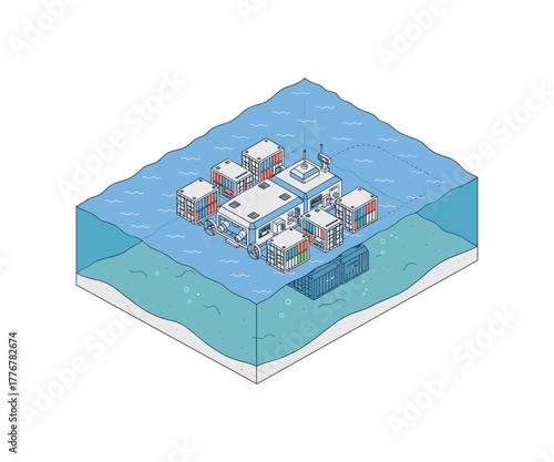 Isometric illustration of underwater research station