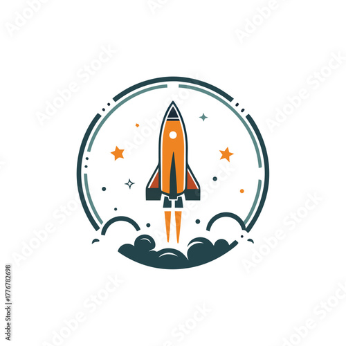 The stylized orange spaceship launches among clouds, surrounded by stars within a teal circle