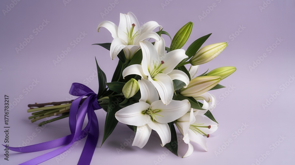 Fototapeta premium A bouquet of white lilies tied with a purple ribbon on a lavender background. Elegant floral arrangement for a special occasion. Copy space for text