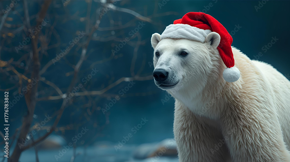 Naklejka premium White polar bear with a red santa claus hat walking in the snow in the evening, ai