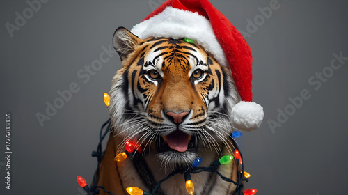 Tiger covered in christmas lights with a red santa claus hat on gray background, ai