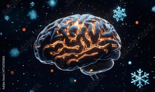 Human brain showing activity surrounded by snowflakes, representing mind and mental health concepts