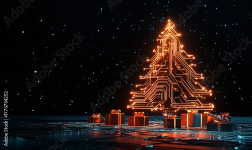 Glowing circuit board christmas tree with digital presents on a dark tech background