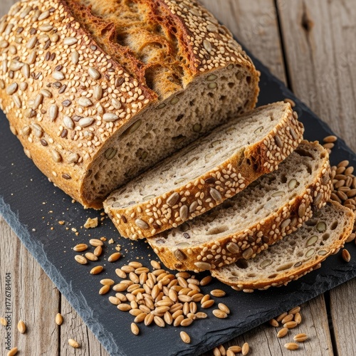 Sliced Seeded Bread Loaf on Black Slate with Wheat Grains on Rustic Wood Table