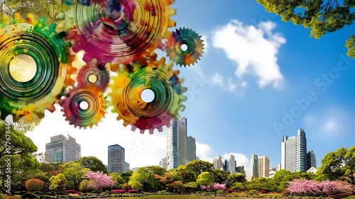 Wallpaper Mural A Vibrant Fusion of Nature and Technology Showcasing Colorful Gears Against a Serene Cityscape in Spring Torontodigital.ca