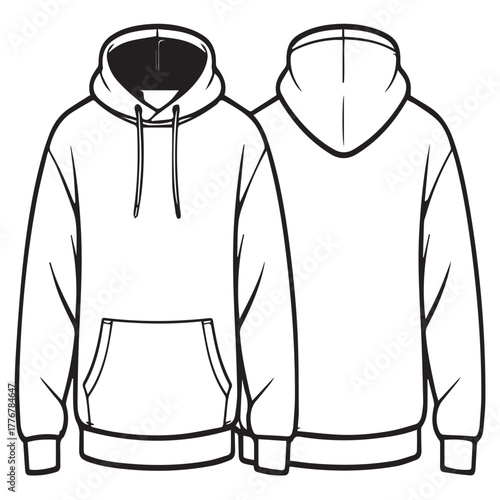 Outline of a hoodie sweatshirt with front and back isolated on white background