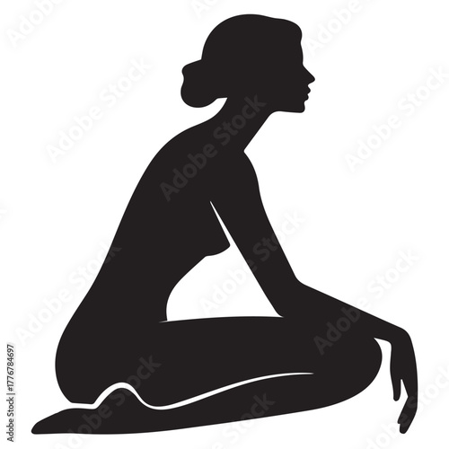 Silhouette of a nude woman in a kneeling position isolated on white background