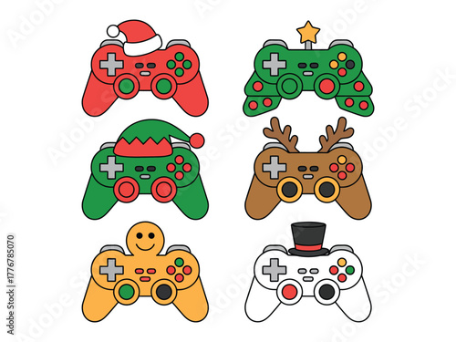 A collection of six video game controllers decorated with festive holiday themes.