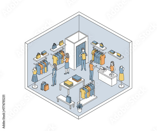 Isometric illustration of clothing store interior with customers