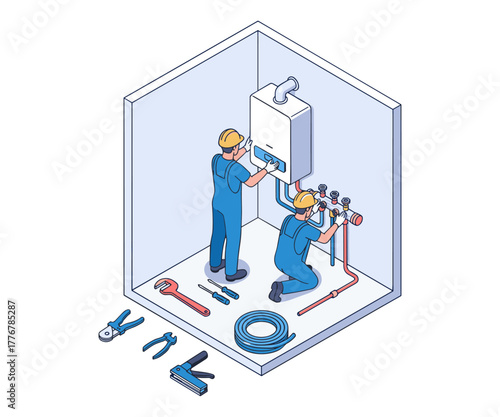 Isometric illustration of plumbers installing gas boiler system