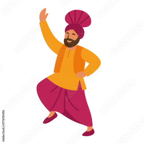 Cheerful Punjabi man in orange outfit dancing energetic bhangra for Lohri