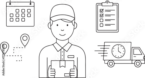 Courier with parcel and logistic icons: calendar, truck, map, checklist.