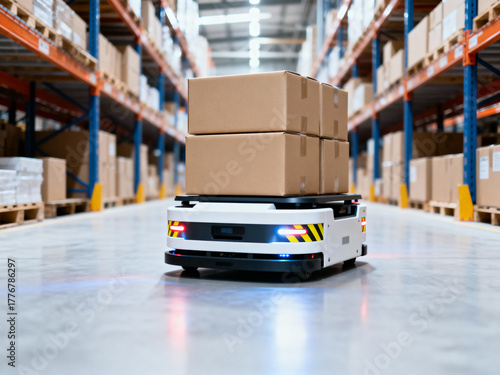 White autonomous mobile robot carrying stacked brown boxes moving down a wide aisle in a large warehouse facility.