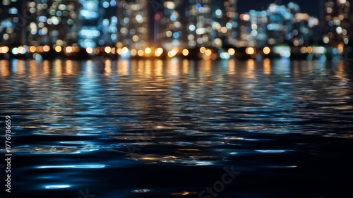 Vibrant bokeh lights reflect on rippling water, creating dynamic cityscape at night. Cool blues blend with warm oranges under urban skyline. Abstract yet captivating. Neural network AI generated