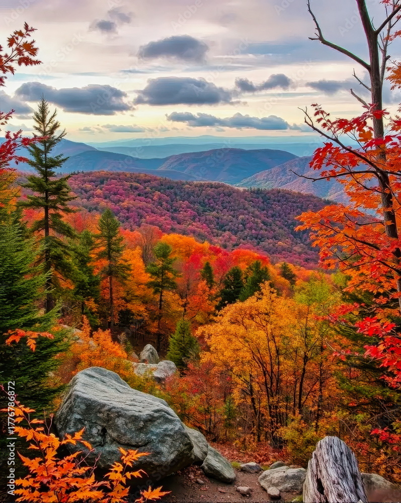 Fototapeta premium Vibrant Autumn Landscape in the Great Smoky Mountains with Distant Mountain Layers