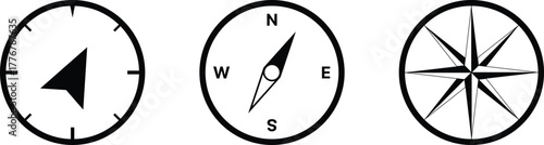 Three black and white compass icons showing direction and navigation north south