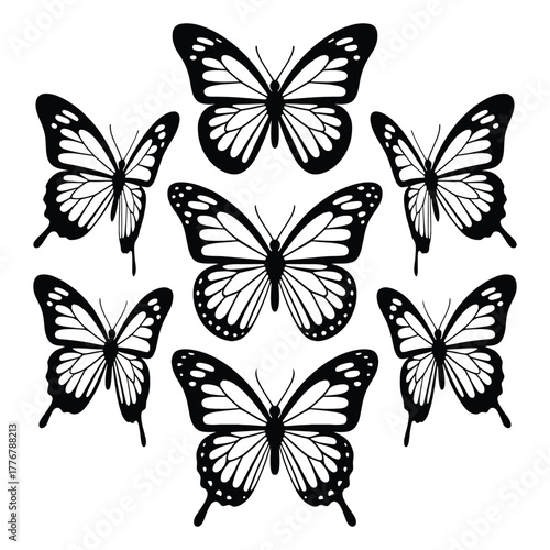 Monarch butterfly silhouette vector collection art , elegant wild flying moth , glowworms, fireflies  design for decoration and tattoo art.