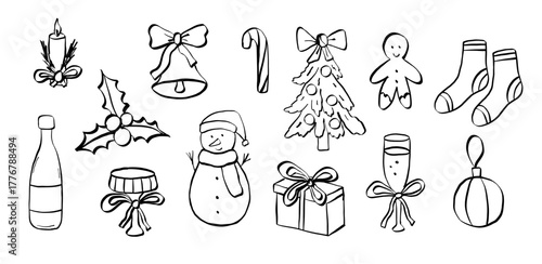Christmas whimsial sketch with coctail, snowman and pine tree. Xmas sketch