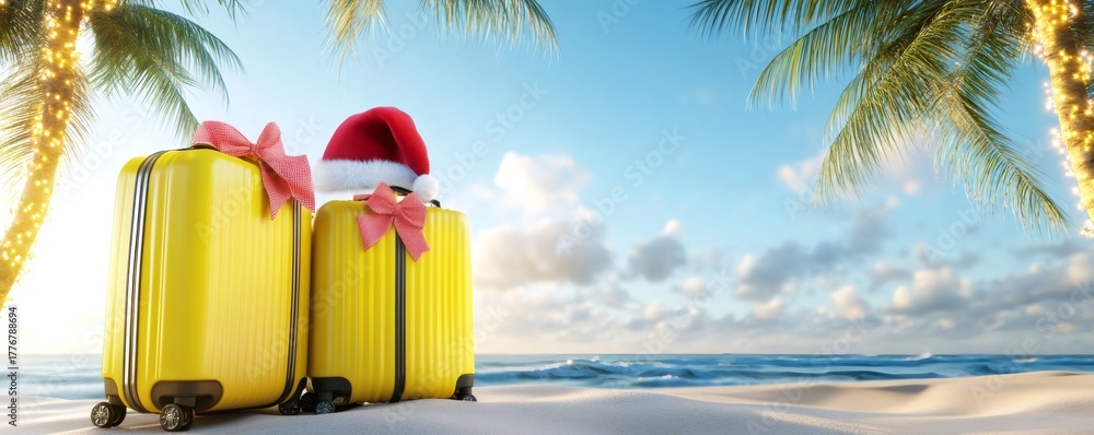 Fototapeta premium Yellow suitcases with santa hat and bows on a sunny beach, celebrating festive season travel