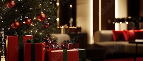 Elegant Christmas Tree with Red Ornaments and Gift