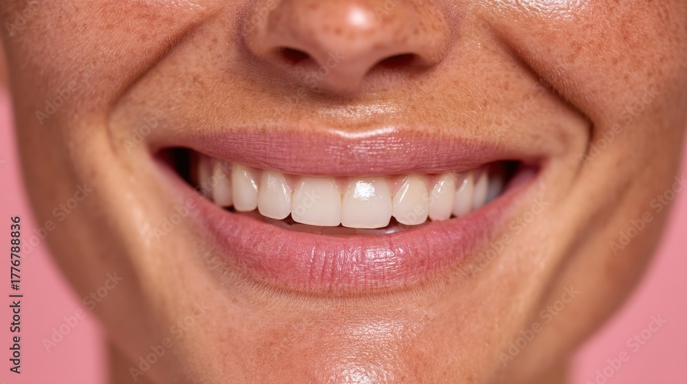Fototapeta premium Close-up of a joyful woman's smile showcasing healthy teeth and glossy lips against a soft pink background highlighting beauty and happiness