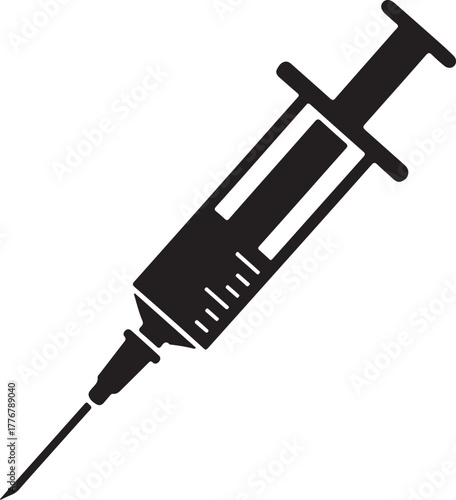 Black silhouette of a medical syringe with needle on white background injection on transparent background