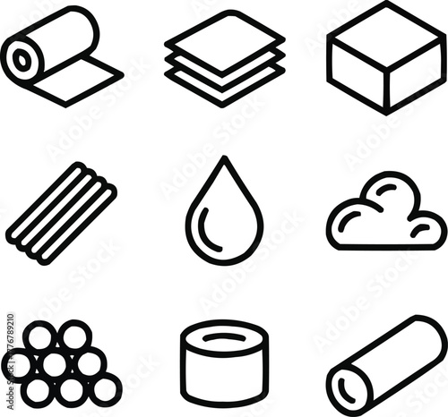 Polymer Product Outline Icons Set  Plastic Materials and Industrial Forms