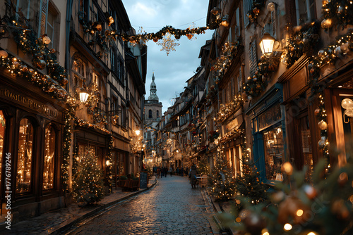 Fototapeta Naklejka Na Ścianę i Meble -  Festive Christmas illumination and decorations on streets of Strasbourg - capital of Christmas, Alsace, France.