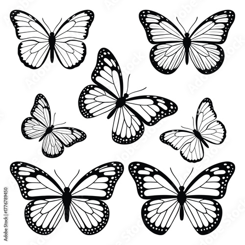 Set of monarch butterfly silhouette vector art , elegant wild flying moth , glowworms, fireflies  design for decoration and tattoo art.