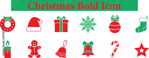 Collection of Christmas bold icons including a wreath, Santa hat, gift box, snowflake, ornament, stocking, candle, gingerbread man, bell, candy cane, and star, all isolated on a transparent background