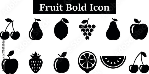 Collection of various fruit icons in a bold silhouette style isolated on transparent background