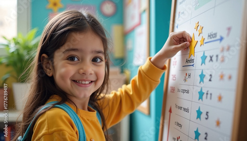 Little girl sticking reward star on progress chart in classroom. Reward star motivates child during elementary school and early education activities.