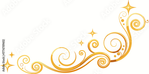Abstract golden sparkling element with tight decorative swirls and shiny stars or sparks