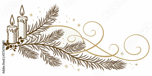 Elegant vector illustration of two burning candles on a decorative fir tree branch with swirls and stars, suitable for Christmas design.