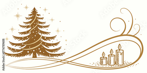 Monochrome Christmas greeting card design with stylized tree, three advent candles, and ornamental scrollwork