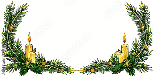 Symmetrical Christmas corner border with spruce branches, lit candles, and gold berry ornaments