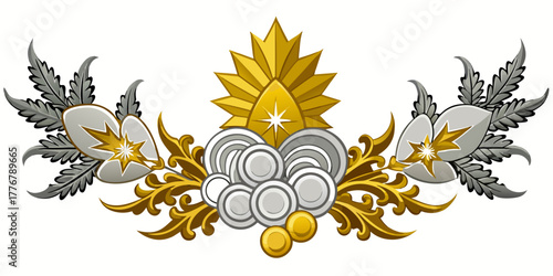 Decorative symmetrical vector crest with central sunburst and stylized foliage in gold and silver, a royal heraldic design element