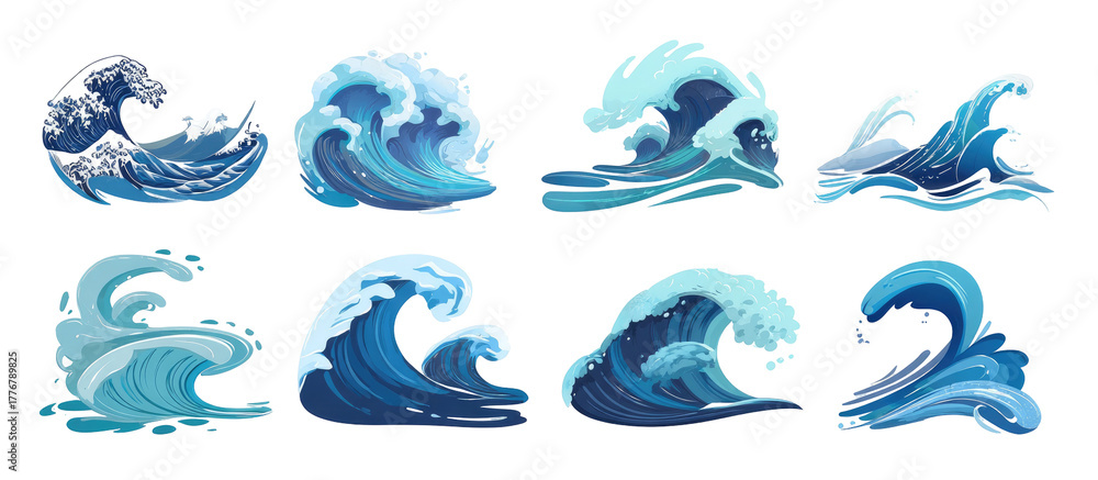 Fototapeta premium Nine stylized, pixel-art ocean waves in varying forms. Different shades of blue depict the movement and texture of water