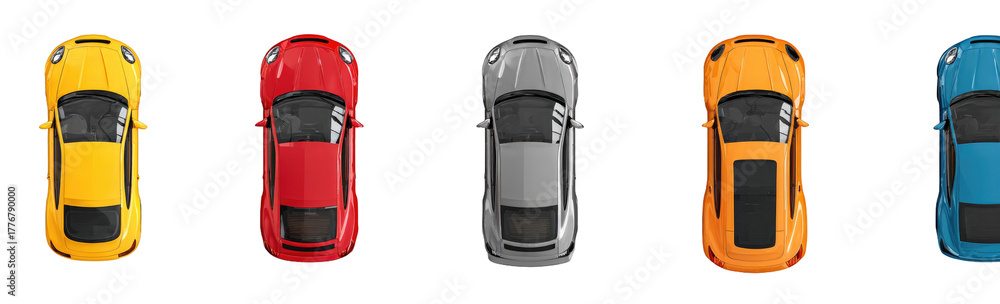 Fototapeta premium Four stylized cars, top-down view, in different colors (yellow, red, gray, orange, blue)