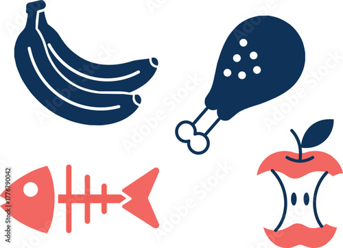 Collection of stylized food waste icons including banana peels chicken leg fish bones and apple core