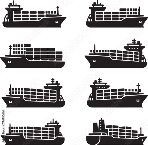 Collection of cargo ship and container ship silhouettes for maritime logistics and global shipping industry visuals