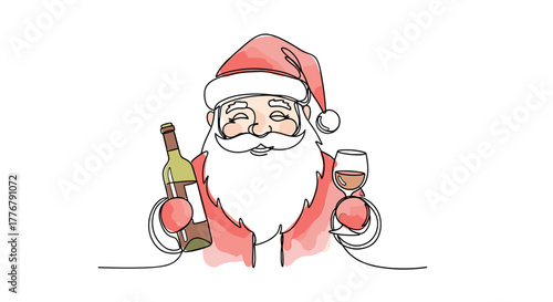 Doodle Santa Claus Holding a Glass of Wine, perfect for adult holiday party invitations, bar logo, and humorous Christmas print — One Line Art Minimalist Watercolor Vector on White Background
